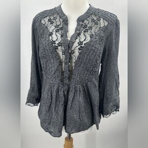 Free People Black Gray Print Lace Insert Boho Button Up